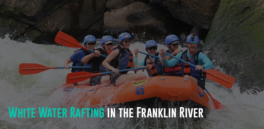 a group of people white water rafting