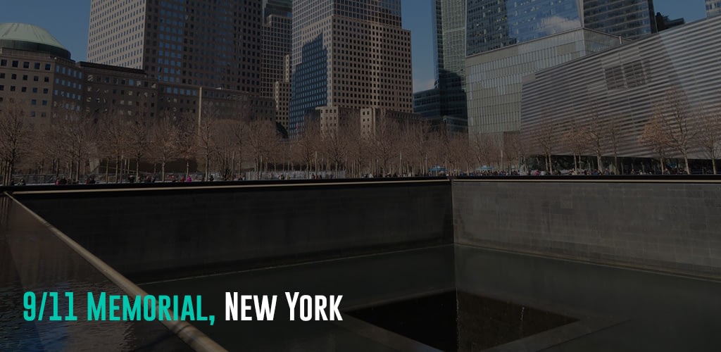 a reflecting pool with bronze panels with names of those who lost their lives in the 9/11 tragedy