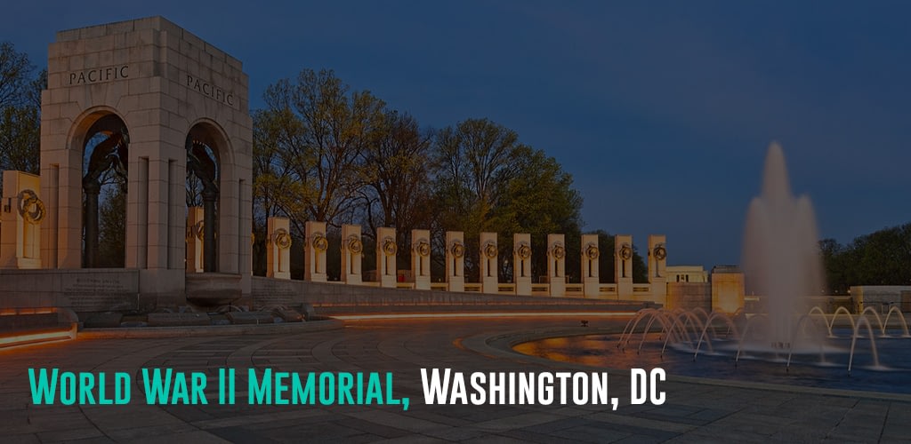  a fountain and old style of brick structures and pavement made to honor the 16 million soldiers who died in different parts of the world during the Second World War