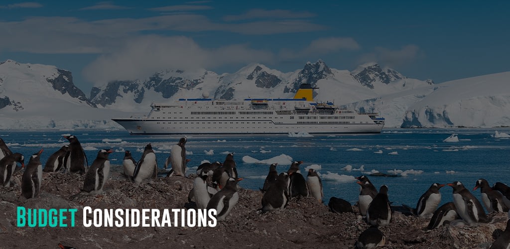 Antarctica penguin colony with a cruise liner passing by