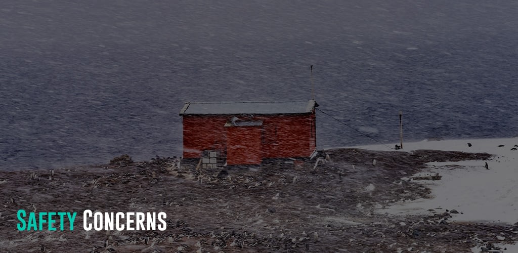 a Red Hut Whaling Camp in the middle of a snow storm