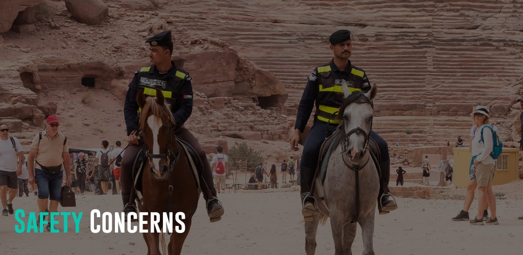 Mounted Jordanian police patrol riding their horses along the entire tourist route in the Nabatean Kingdom of Petra