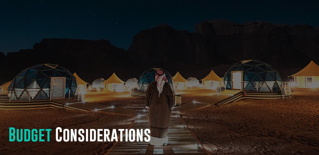 A man standing in front of the Martian Dome tents in Wadi Rum Desert, Jordan