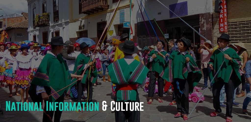 Ecuador locals wearing colorful clothes while dancing in the streets and the boys doing their traditional ribbon dance.
