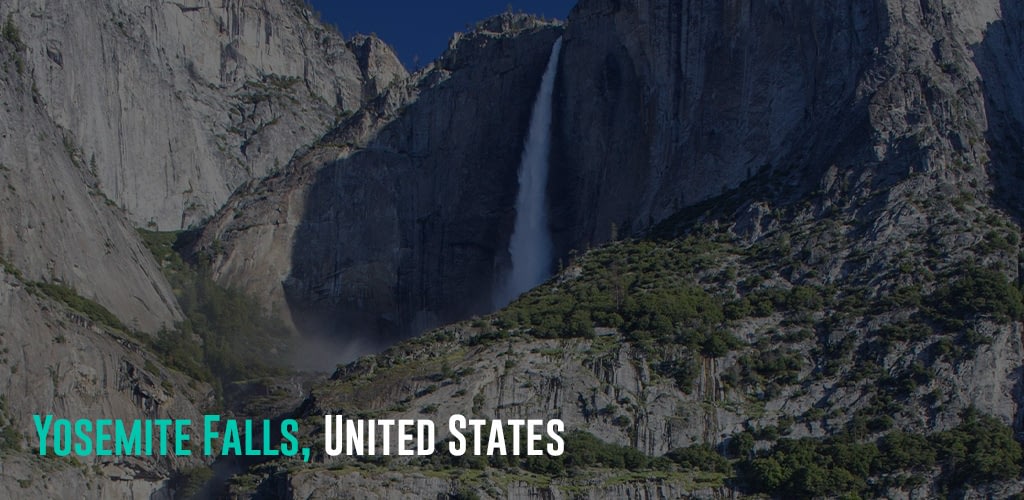 a view of the Yosemite Falls flowing down a cliff